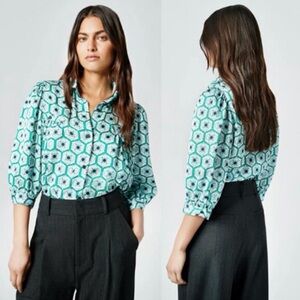 Smythe 3/4 Sleeves Shirred Pocket Blouse Blue Green